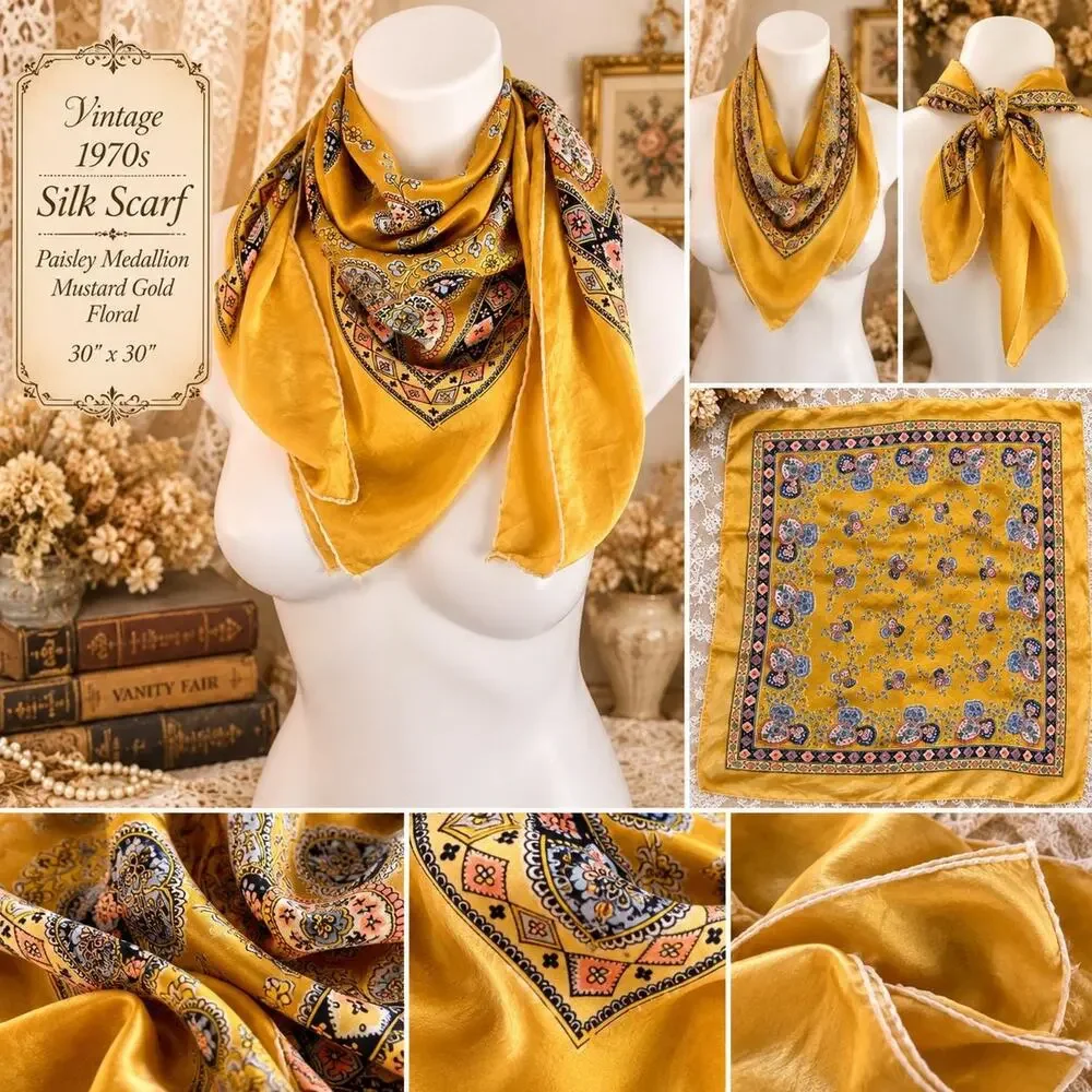 Vintage 1970s Silk Paisley Medallion Scarf Mustard Gold Floral Rolled 30